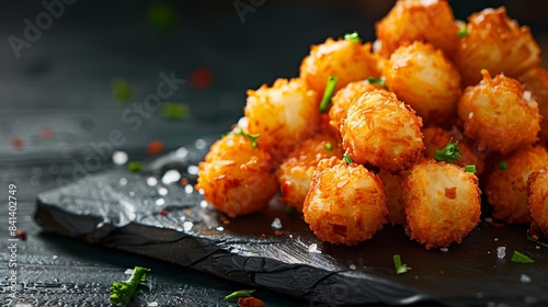 A tater tots close up, food design, dynamic, dramatic compositions, with copy space. photo