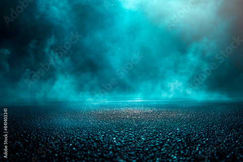 An atmospheric scene with mist over a dark textured surface  in a cool blue tone  suggesting a mysterious concept. Generative AI