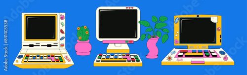 Set of vintage computers in retro groovy style. Vector illustration of desktop computers with stickers. Y2k aesthetics.