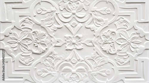 Architectural Grace, Embossed White Floral Tiles with Geometric Pattern . Generative Ai