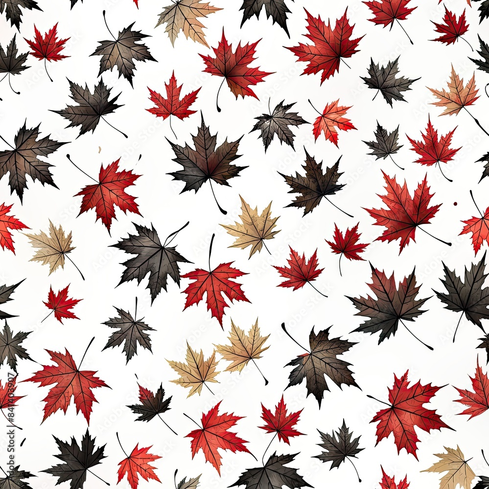 A whimsical illustration of black, red, and tan maple leaves falling on a white background. Generative AI A whimsical illustration of black, red, and tan maple leaves falling on a white background. Generative AI