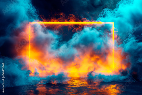 Neon rectangular frame with orange and blue smoke on a dark background  concept of energy. Generative AI