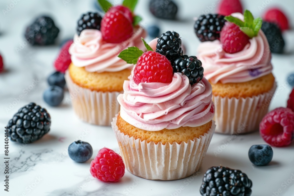 Fruity Berry cupcakes with cream cheese. Delicious confectionary muffin with whipped cream. Generate ai Fruity Berry cupcakes with cream cheese. Delicious confectionary muffin with whipped cream. Generate ai