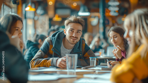 A group of young adults engaged in a discussion at a cafe  in a casual setting with a warm  blurred background  evoking a concept of social interaction. Generative AI