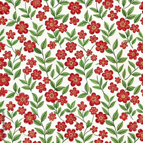 A seamless pattern featuring illustrated red flowers and green leaves on a white background. Generative AI