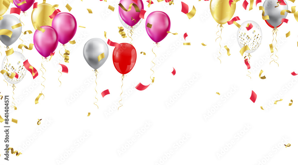 An array of vibrant balloons, confetti, and streamers float elegantly, suggesting a festive and celebratory mood