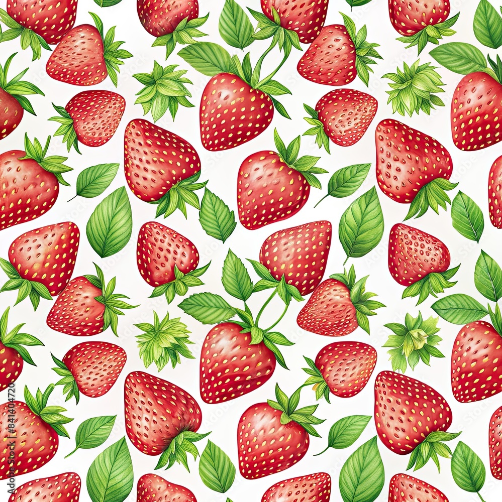 This is a seamless pattern featuring hand-drawn watercolor illustrations of strawberries and leaves. The pattern is perfect for use in digital and print designs, including fabric, wallpaper, and stati This is a seamless pattern featuring hand-drawn watercolor illustrations of strawberries and leaves. The pattern is perfect for use in digital and print designs, including fabric, wallpaper, and stati