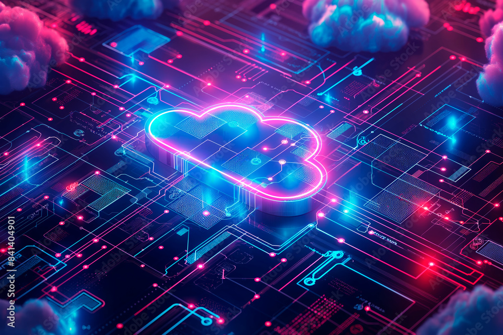 © Who is Danny - Neon glowing cloud symbol on a digital circuit board with clouds, neon pink and blue colors on a dark background, concept of cloud computing. Generative AI