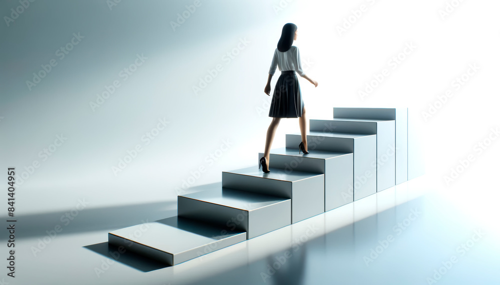 Woman ascending symbolic steps, minimalist style, light gradient background, concept of progress. Generative AI Woman ascending symbolic steps, minimalist style, light gradient background, concept of progress. Generative AI