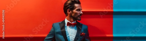 A stylish and confident man in a tailored suit with bold contrasting colors exuding sophistication