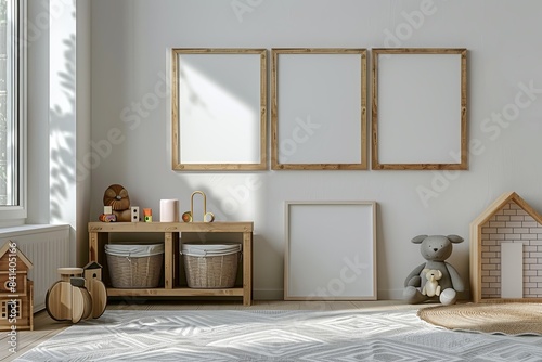 3 white blank poster frames  a scandinavian style sideboard with toys and decor