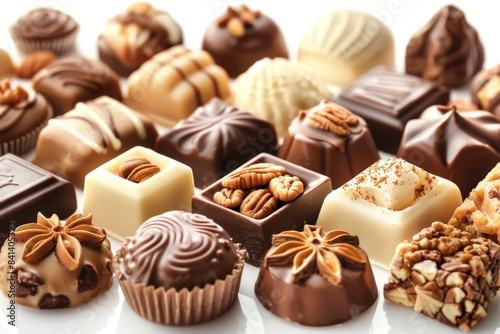 Assorted gourmet chocolates with intricate designs and varied textures, set against a clean background, showcasing a luxurious treat