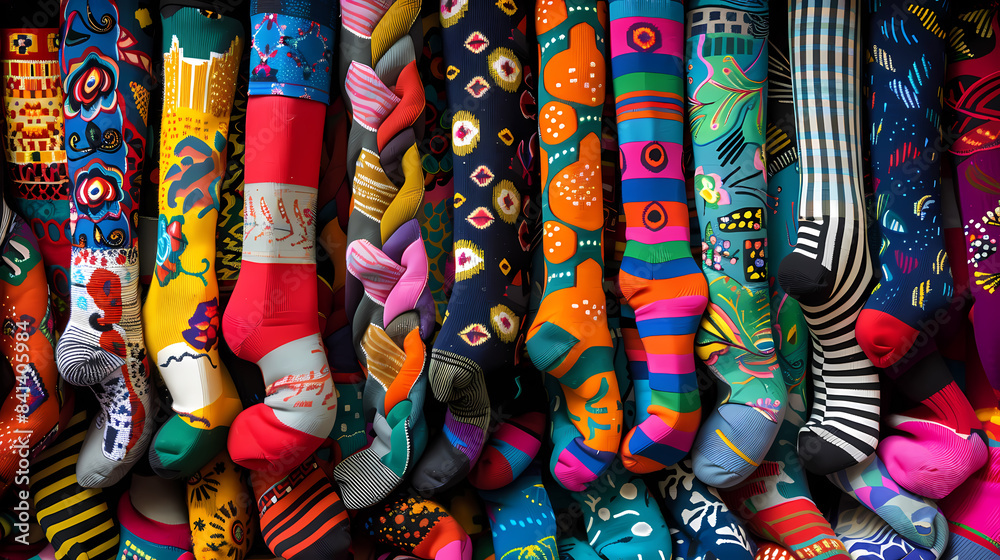 A row of colorful socks with various patterns and designs