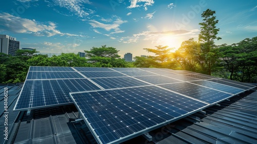 A solar panel with a sun in the background. Renewable Energy