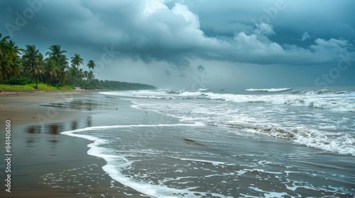 A tranquil beach with gentle waves lapping at the shore as monsoon rains pour down.