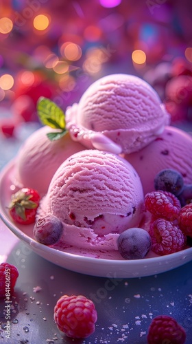 Close-up of a bowl of pink ice cream topped with fresh raspberries and blueberries
