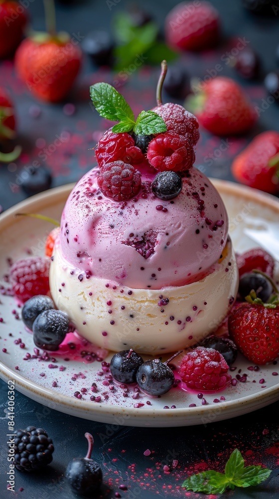 A close-up of a pink ice cream dessert with fresh raspberries and mint on a white plate A close-up of a pink ice cream dessert with fresh raspberries and mint on a white plate
