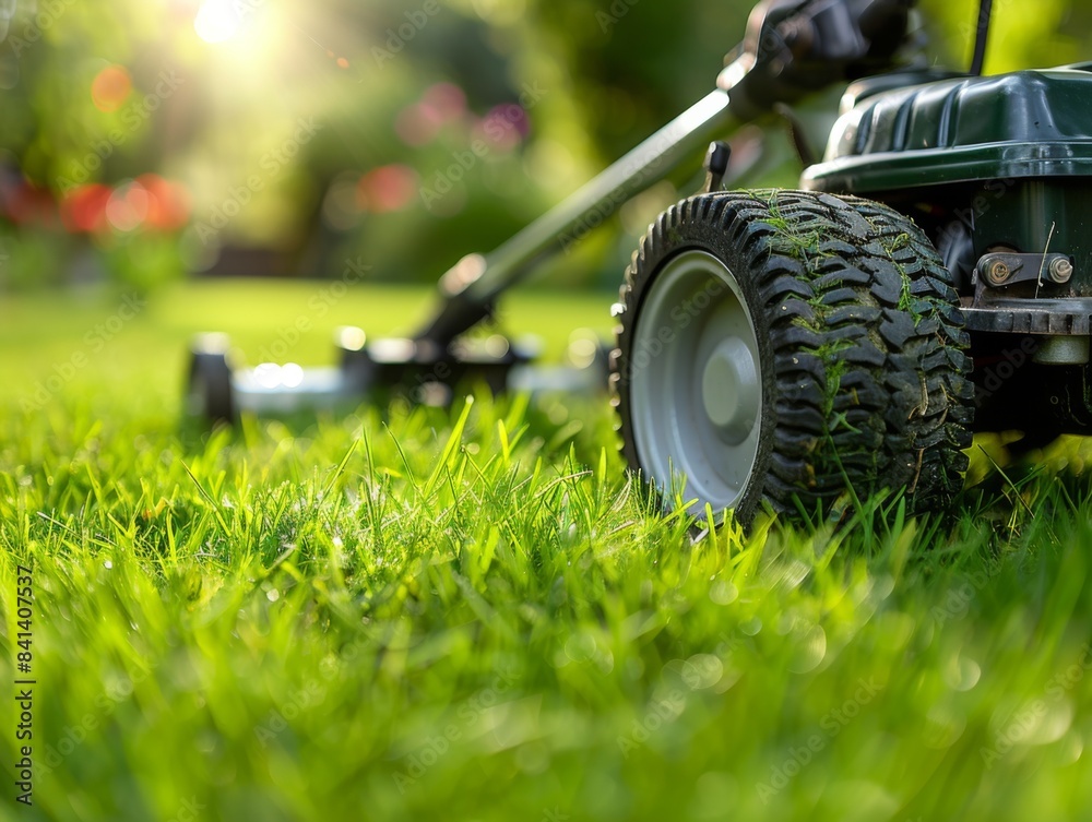 Fototapeta premium Green lawnmower stands on the lawn on the countryside.