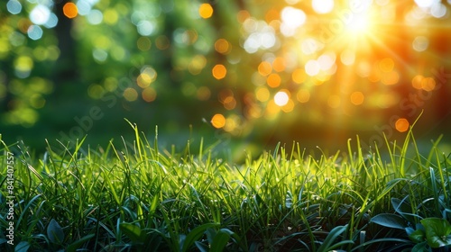 Spring background with green grass and blurred sun rays on bokeh