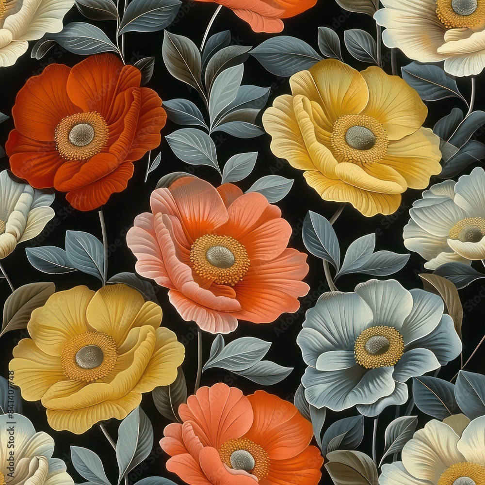 Fototapeta premium Seamless beautiful multicolored flowers on dark background