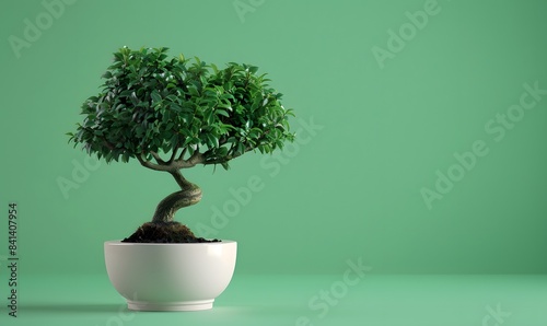 bonsai tree plant in a white pot on solid green background, Generative AI