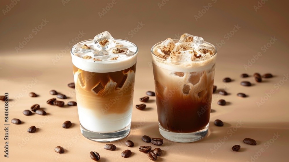 Refreshing summer beverage A duo of chilled latte coffees served with ice Refreshing summer beverage A duo of chilled latte coffees served with ice