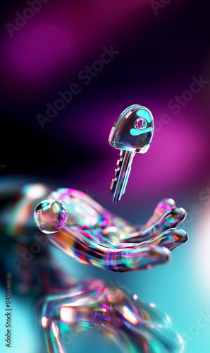 A futuristic, glowing glass key floating above a glass hand, symbolizing artificial intelligence and security in a vibrant, colorful design