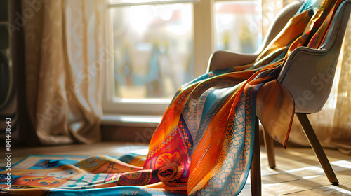 A colorful blanket is draped over a wooden chair photo