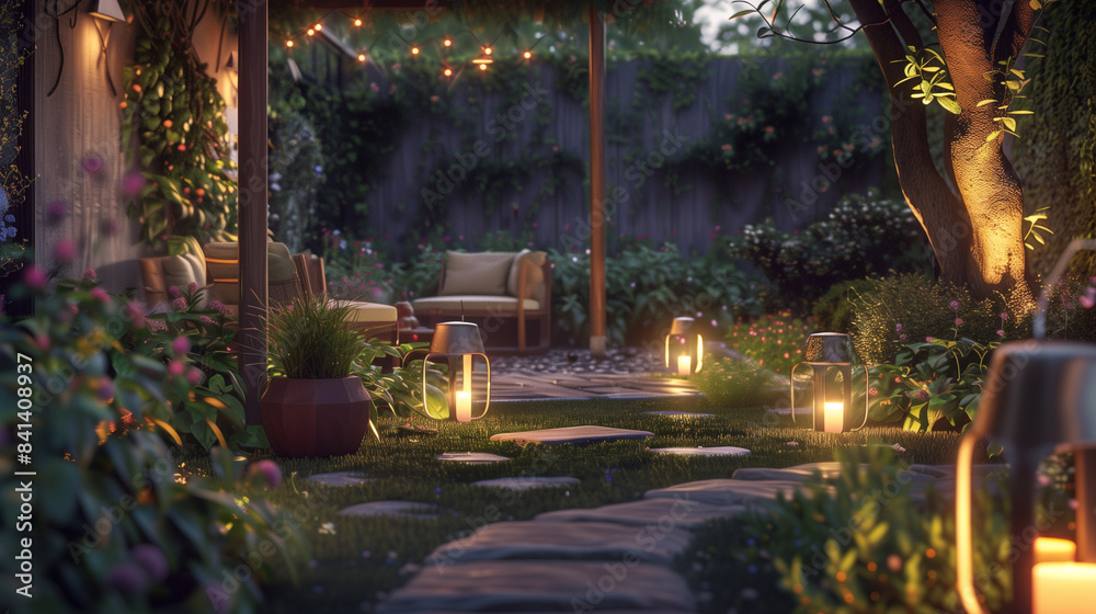 Obraz premium Solar-powered patio lights illuminating a beautifully landscaped garden path, creating a serene and eco-friendly outdoor space for evening relaxation and entertainment