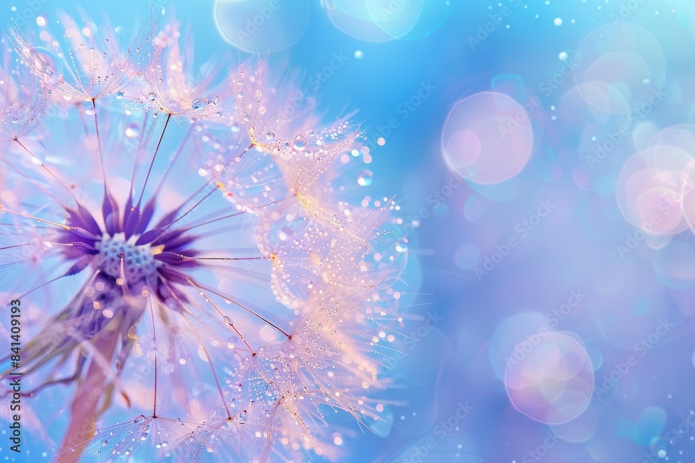 Fototapeta premium This abstract artistic image features a dandelion flower with drops of dew on a blue background with a mirror reflection of a macro. The image is a beauty of nature that expresses the brightness of