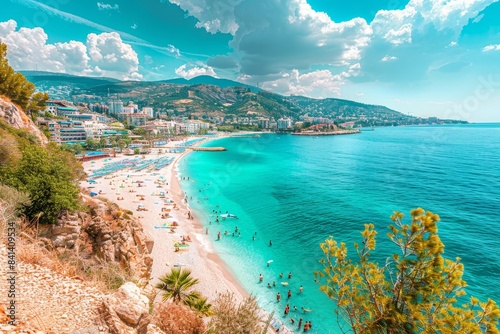Sunny Beach Bulgaria Resort. Panoramic view from the top. Boat entering the sea.
