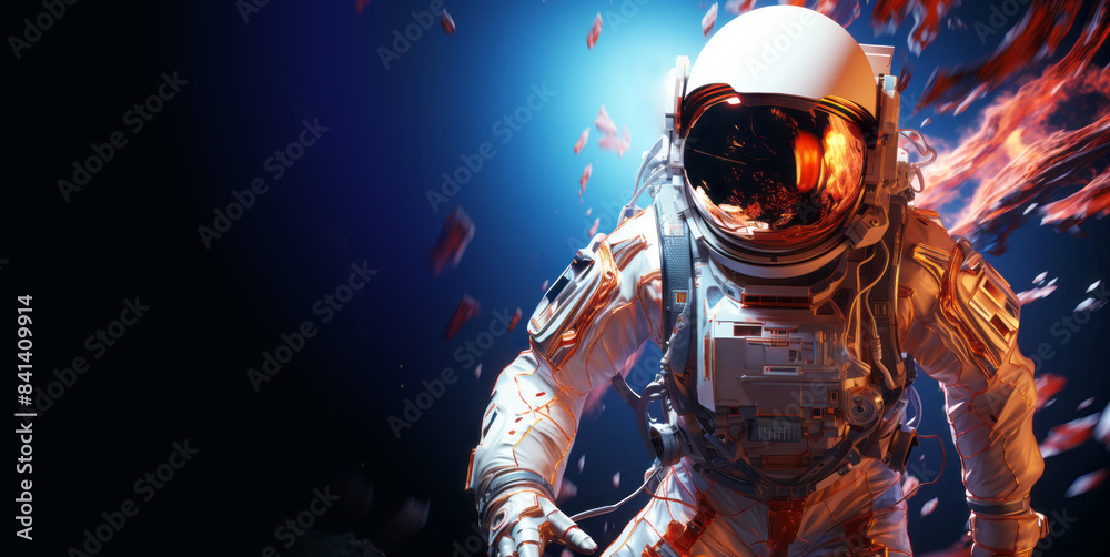 Fototapeta premium An astronaut surrounded by flames in space, with a vibrant blue background representing a dangerous concept. Generative AI