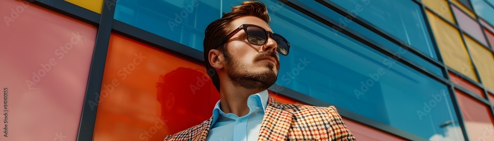 Stylish Man in Bold Patterned Suit Exuding Modern Confidence Against Urban Backdrop