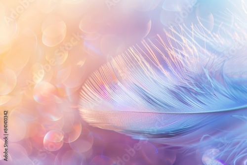 Feathers in blue and pink pastel shades close-up. Abstract natural background with feathers.