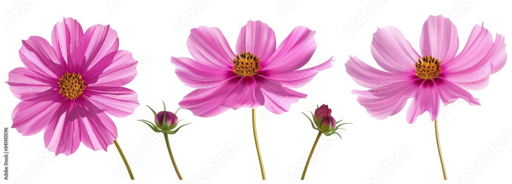 An ornamental garden plant Cosmos bipinnatus close-up macro shot of three pink flowers in different perspectives on a white background. An ornamental garden plant Cosmos bipinnatus close-up macro shot of three pink flowers in different perspectives on a white background.