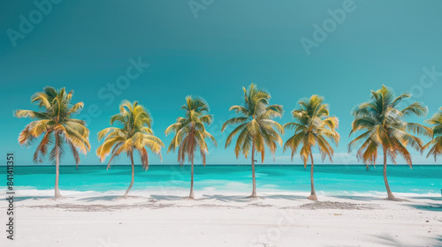 A row of majestic palm trees lining a pristine white sandy beach with clear blue waters