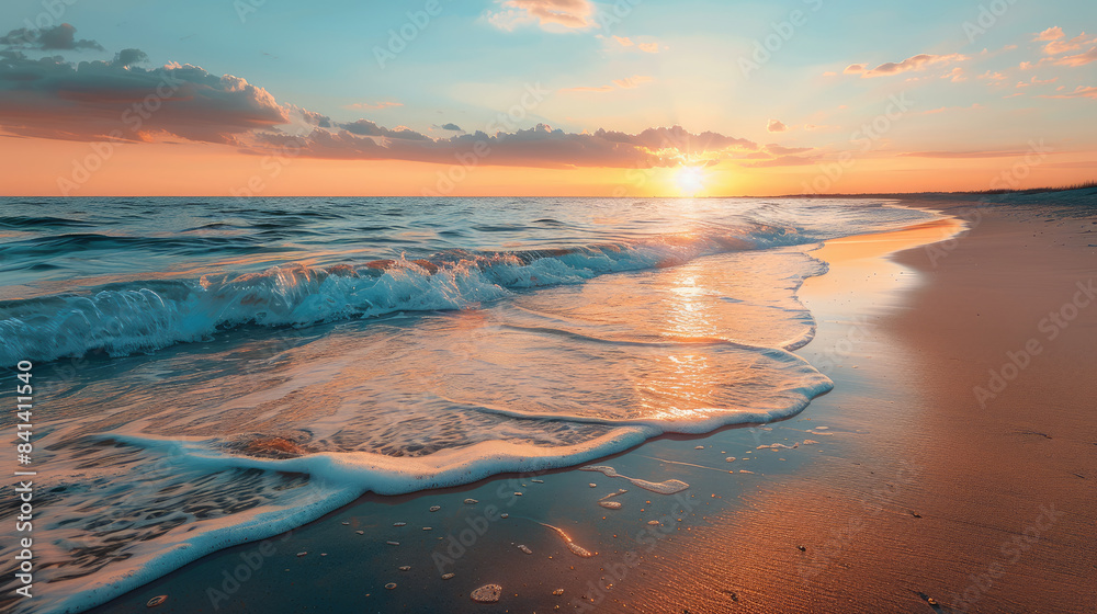 Gentle waves lapping a serene sandy beach at sunset with reflections on the water Gentle waves lapping a serene sandy beach at sunset with reflections on the water