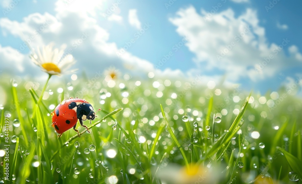 Fototapeta premium Droplets of morning dew on a young grass grain and a ladybug against a blue sky on a nature macro. Droplets of water on a grass grain, natural wallpaper, soft focus.