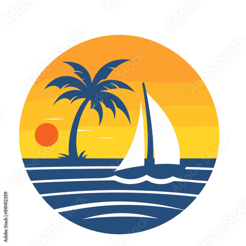 logo, simple line art of palm tree and sailboat with sunset in background, vector graphics