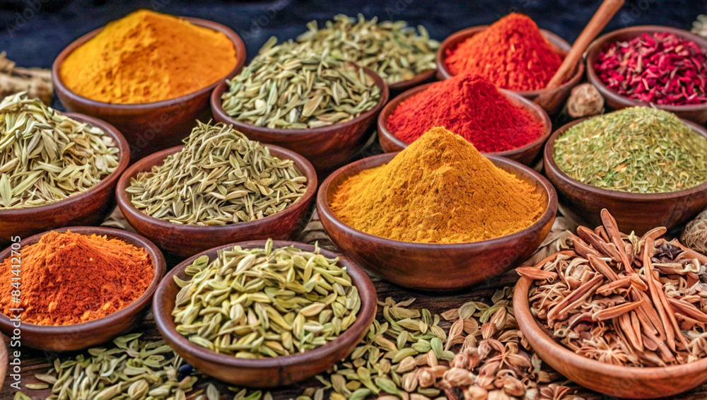 Fototapeta premium Various food spices and herbs, food ingredients, herbal medicine ingredients, which have delicious taste and health benefits.concept Health & Fitness.High quality photos.