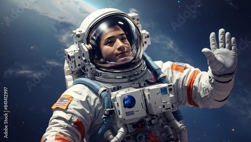 Astronaut in spacesuit floating in space and waving his hand
