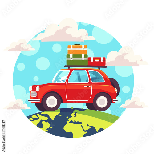 A red car with luggage on the roof, driving around the earth in a flat style design. Colorful cartoon style