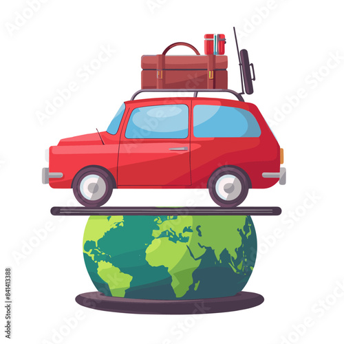 A cartoon-style vector illustration of an old red car with luggage on the roof, driving around the earth planet