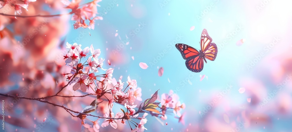 Beautiful butterfly and cherry blossom branch on a spring blue sky background with soft focus. An elegant artistic image of spring nature, with a frame of pink Sakura flowers. Beautiful butterfly and cherry blossom branch on a spring blue sky background with soft focus. An elegant artistic image of spring nature, with a frame of pink Sakura flowers.