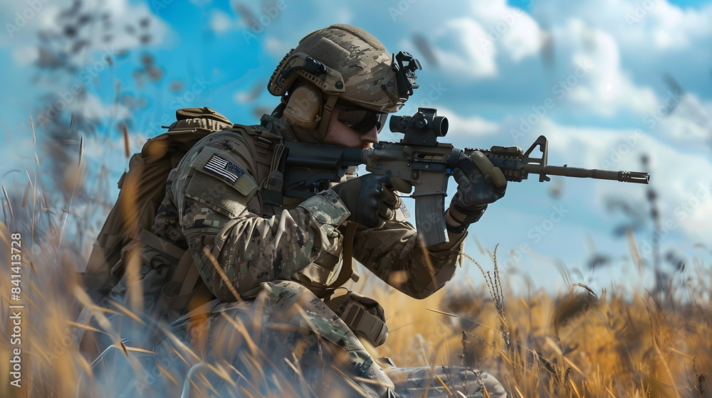 Fototapeta premium Soldier Aiming Rifle Field Tactical Gear Camouflage Combat Mission Focus