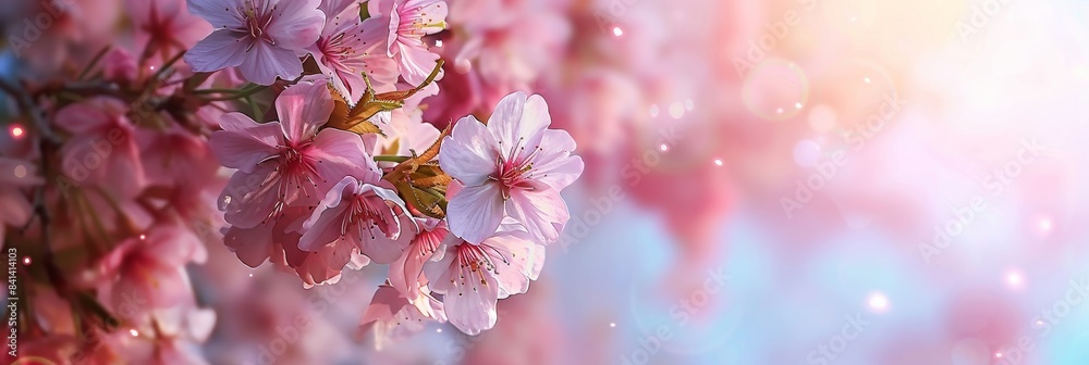 In spring, cherry blossoms on background of blue skies and white clouds in nature outdoors. Pink sakura flowers, amazing colorful dreamy romantic artistic image spring nature on banner format. In spring, cherry blossoms on background of blue skies and white clouds in nature outdoors. Pink sakura flowers, amazing colorful dreamy romantic artistic image spring nature on banner format.