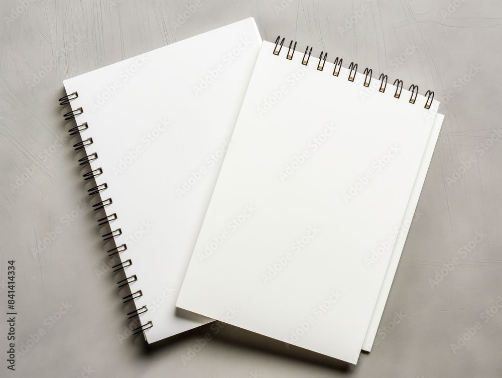 Two blank spiral notebooks on a grey background, ideal for a branding or portfolio mockup concept. Generative AI Two blank spiral notebooks on a grey background, ideal for a branding or portfolio mockup concept. Generative AI