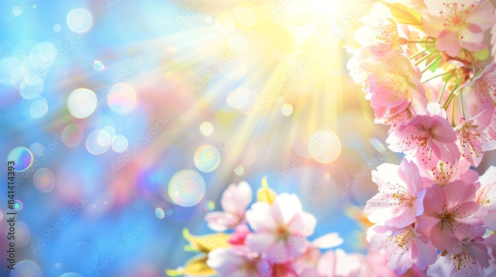 A vibrant spring floral background with rays of sunshine. Soft focus cherry blossom branch with a blue sky. A delicate pink sakura flower in nature.