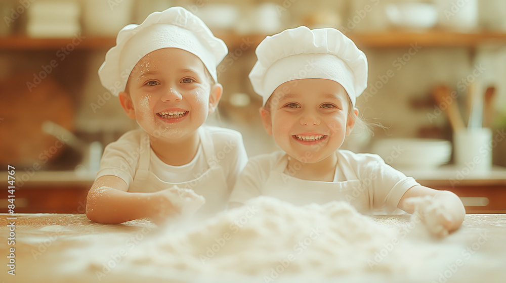 Two smiling children in chef hats playing with flour, photographed in warm tones with a blurred kitchen background, evoking a homely concept of cooking. Generative AI Two smiling children in chef hats playing with flour, photographed in warm tones with a blurred kitchen background, evoking a homely concept of cooking. Generative AI