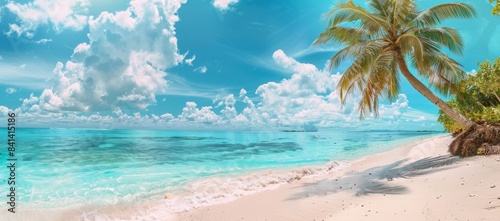 In a tropical island on a sunny day, a palm tree stands out against a blue sky, white clouds, and turquoise ocean with white clouds. The perfect natural landscape for summer vacations. © Bundi